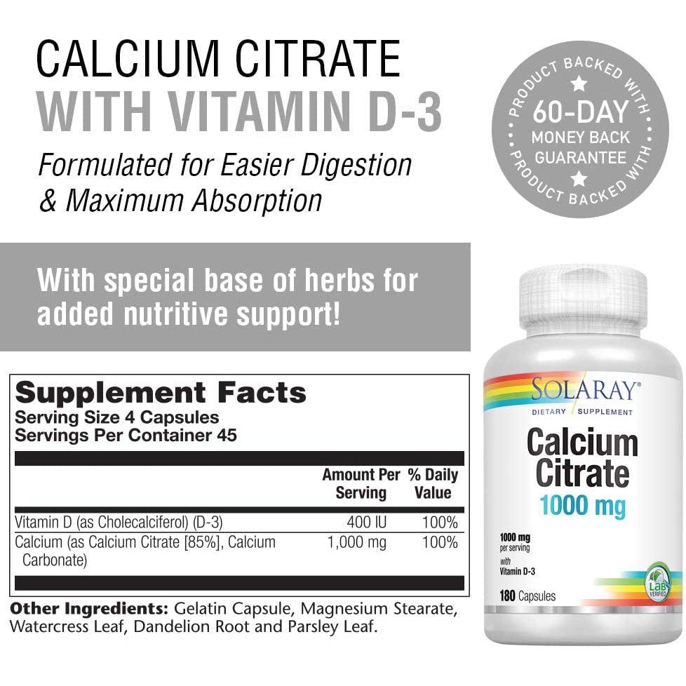 Solaray Calcium Citrate 1000 mg with Vitamin D3-180 capsules-N101 Nutrition