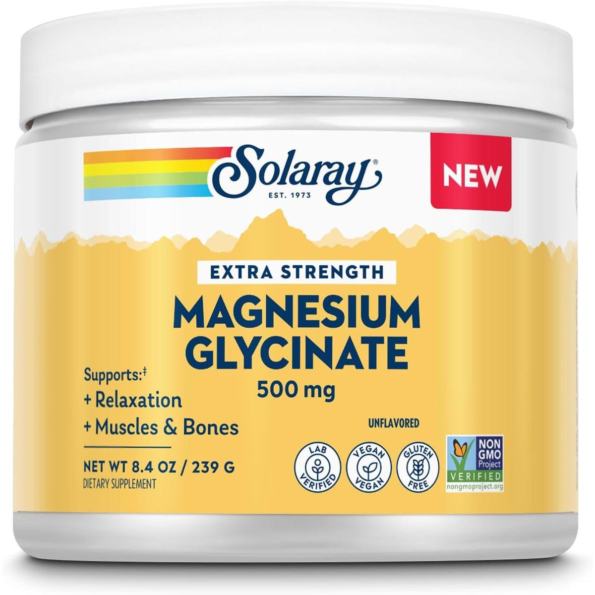Solaray Extra-Strength Magnesium Glycinate Powder 500 mg-8.4 oz (239 g)-Unflavored-N101 Nutrition