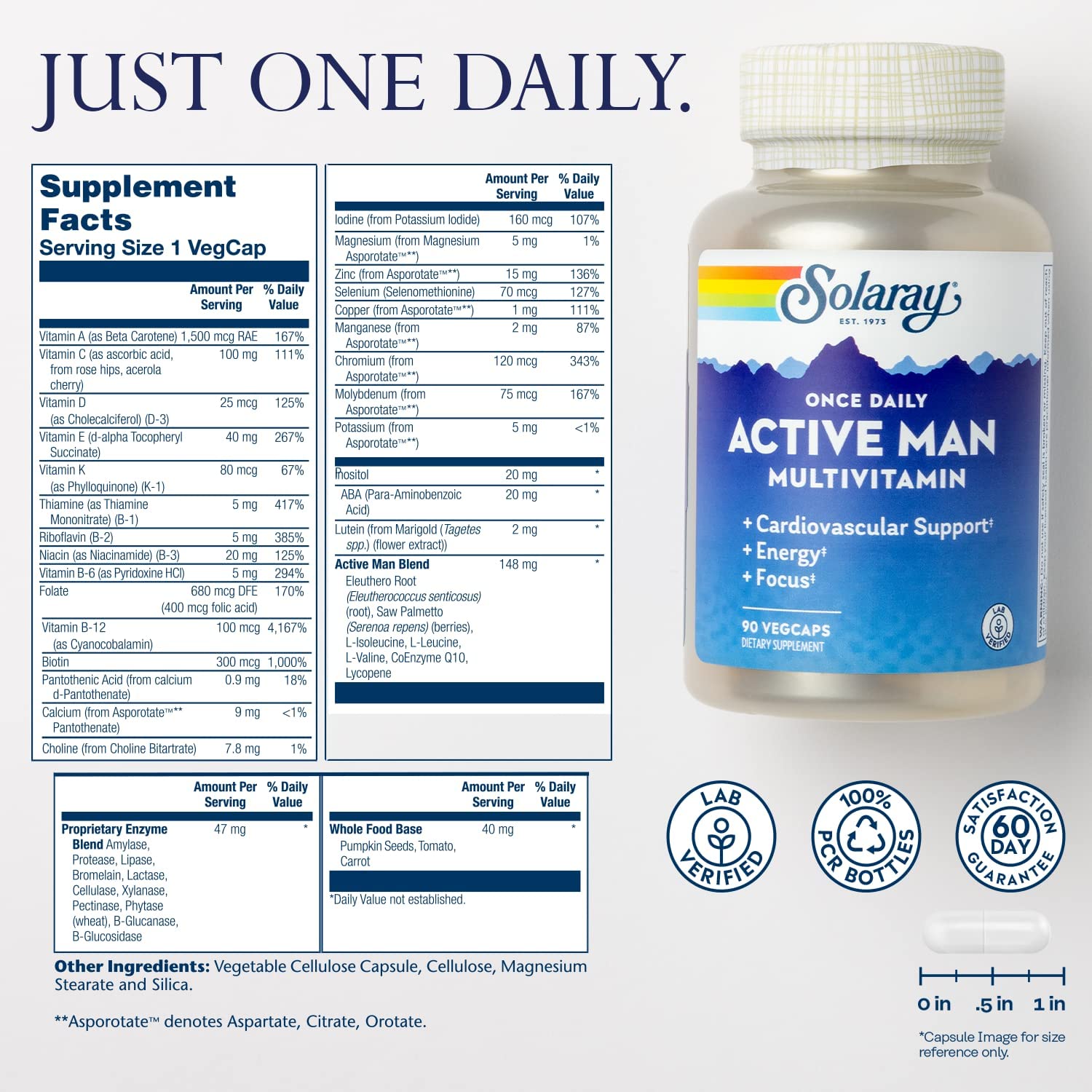 Solaray Once Daily Active Man Multivitamin-90 VegCaps-N101 Nutrition