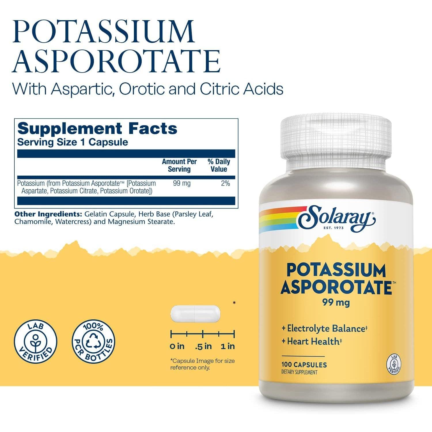 Solaray Potassium Asporotate 99 mg-100 capsules-N101 Nutrition