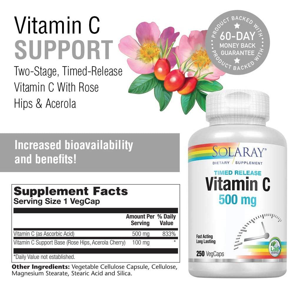 Solaray Vitamin C with Rose Hips & Acerola 500 mg (Timed Release)-250 VegCaps-N101 Nutrition