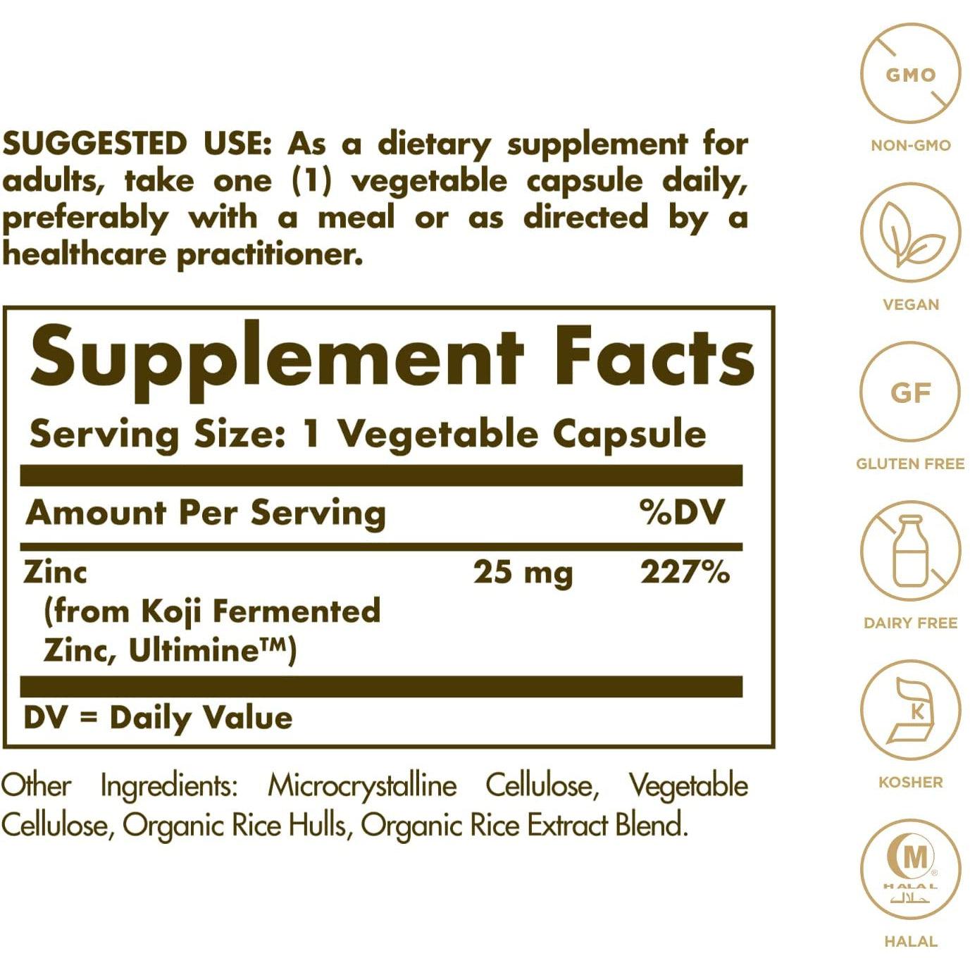 Solgar EarthSource Koji Fermented Zinc 25 mg-60 vegetable capsules-N101 Nutrition