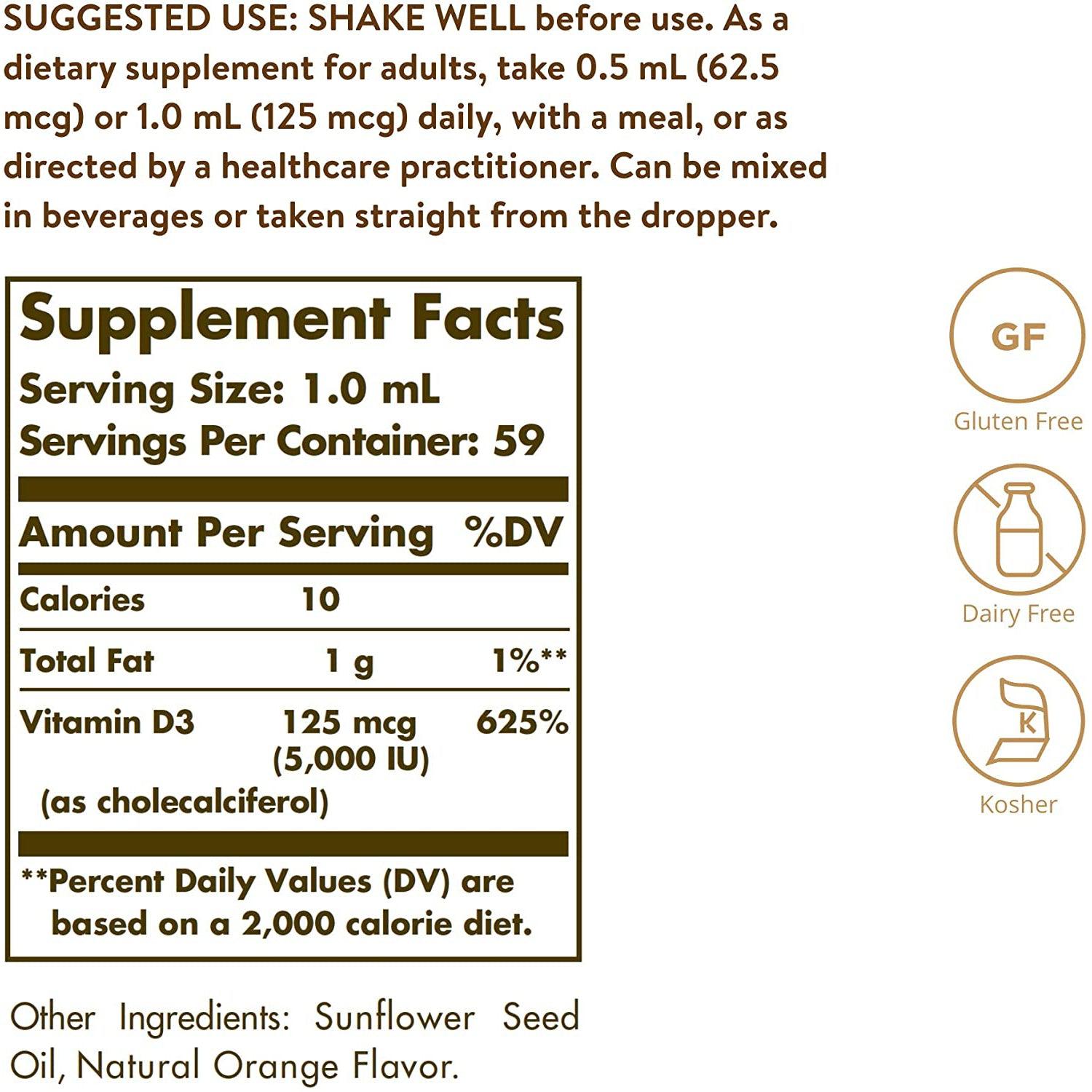 Solgar Liquid Vitamin D3 125 mcg (5000 IU) - Orange-2 fl oz (59 mL)-N101 Nutrition