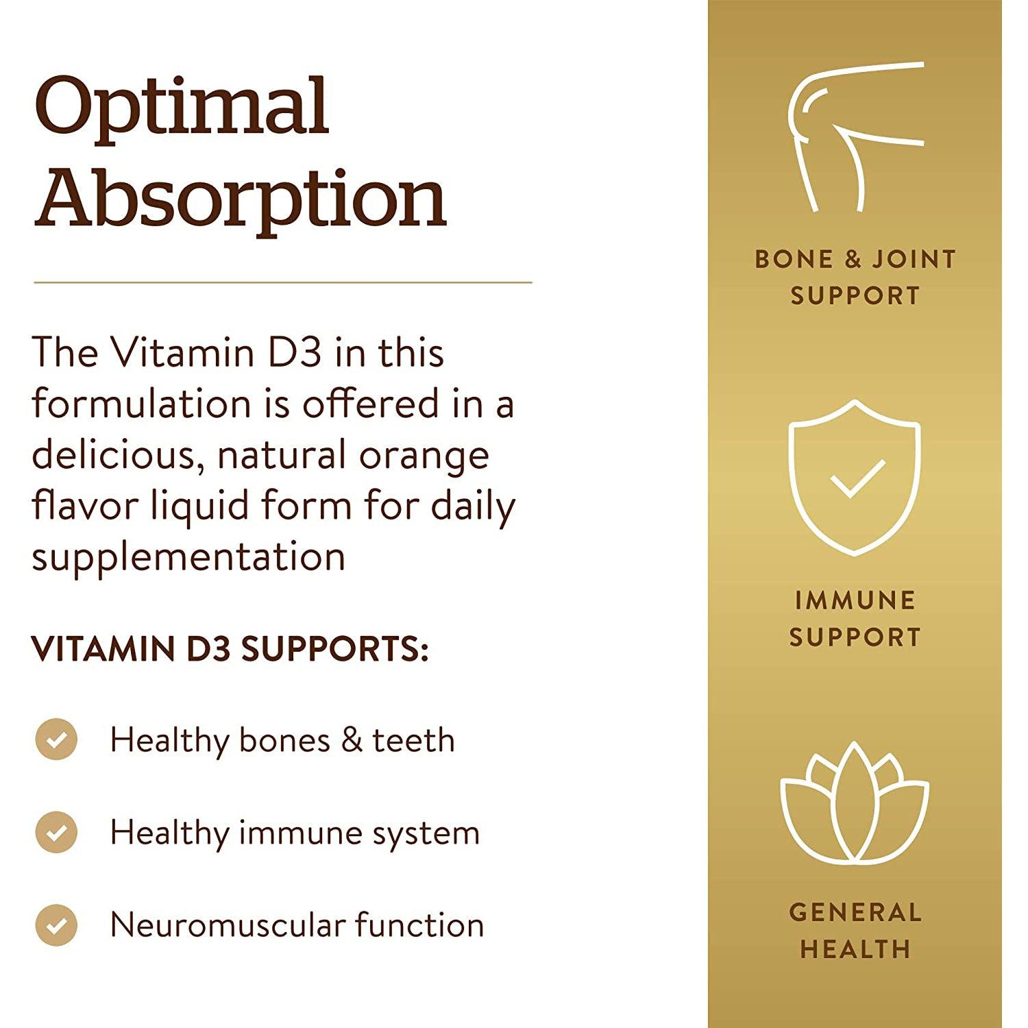 Solgar Liquid Vitamin D3 125 mcg (5000 IU) - Orange-2 fl oz (59 mL)-N101 Nutrition