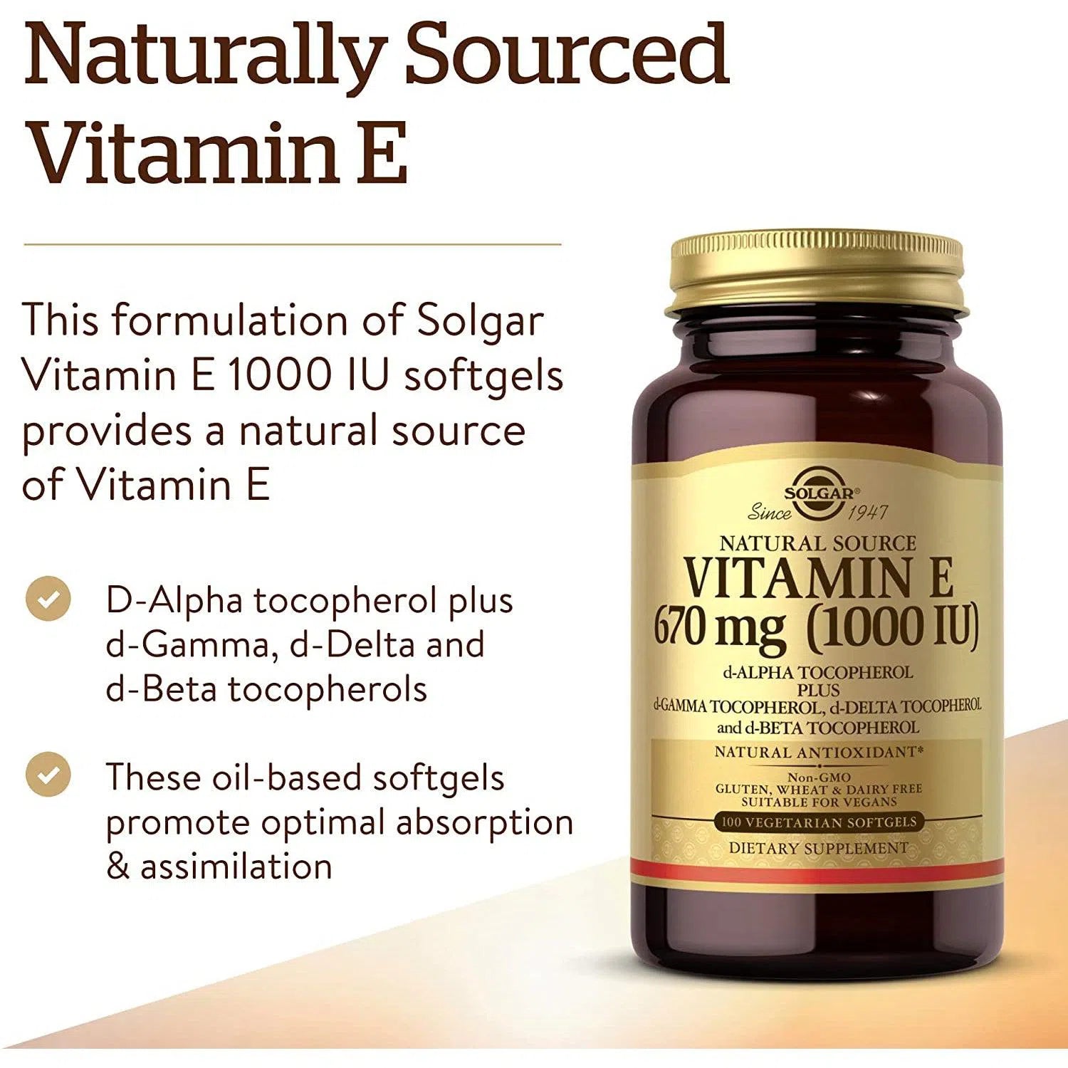 Solgar Natural Source Vitamin E 670 mg (1000 IU)-100 vegetarian softgels-N101 Nutrition