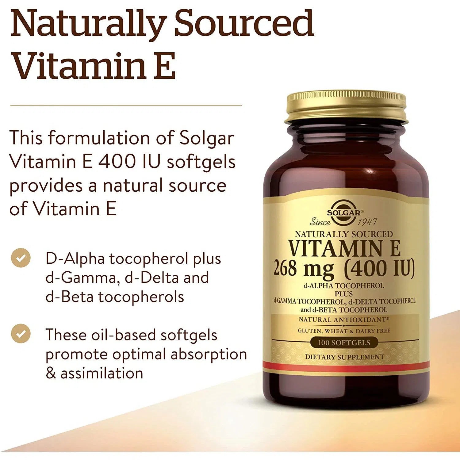 Solgar Naturally Sourced Vitamin E - 268 mg (400 IU)-100 softgels-N101 Nutrition