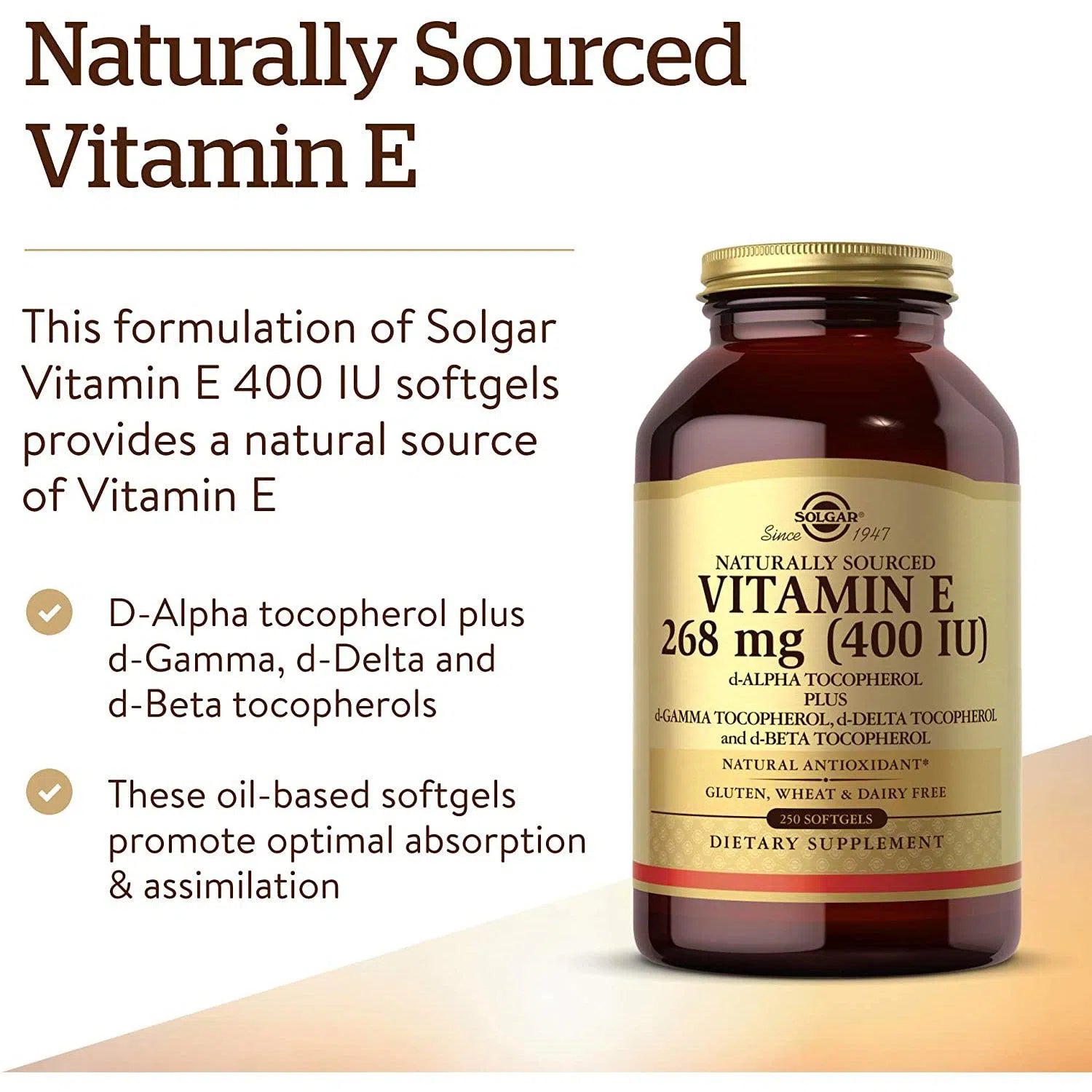 Solgar Naturally Sourced Vitamin E 268 mg (400 IU)-250 softgels-N101 Nutrition