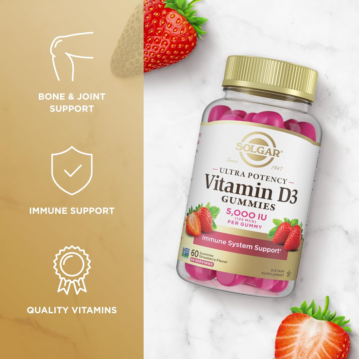 Solgar Ultra Potency Vitamin D3 Gummies 5000 IU (125 mcg)-60 gummies-Strawberry-N101 Nutrition