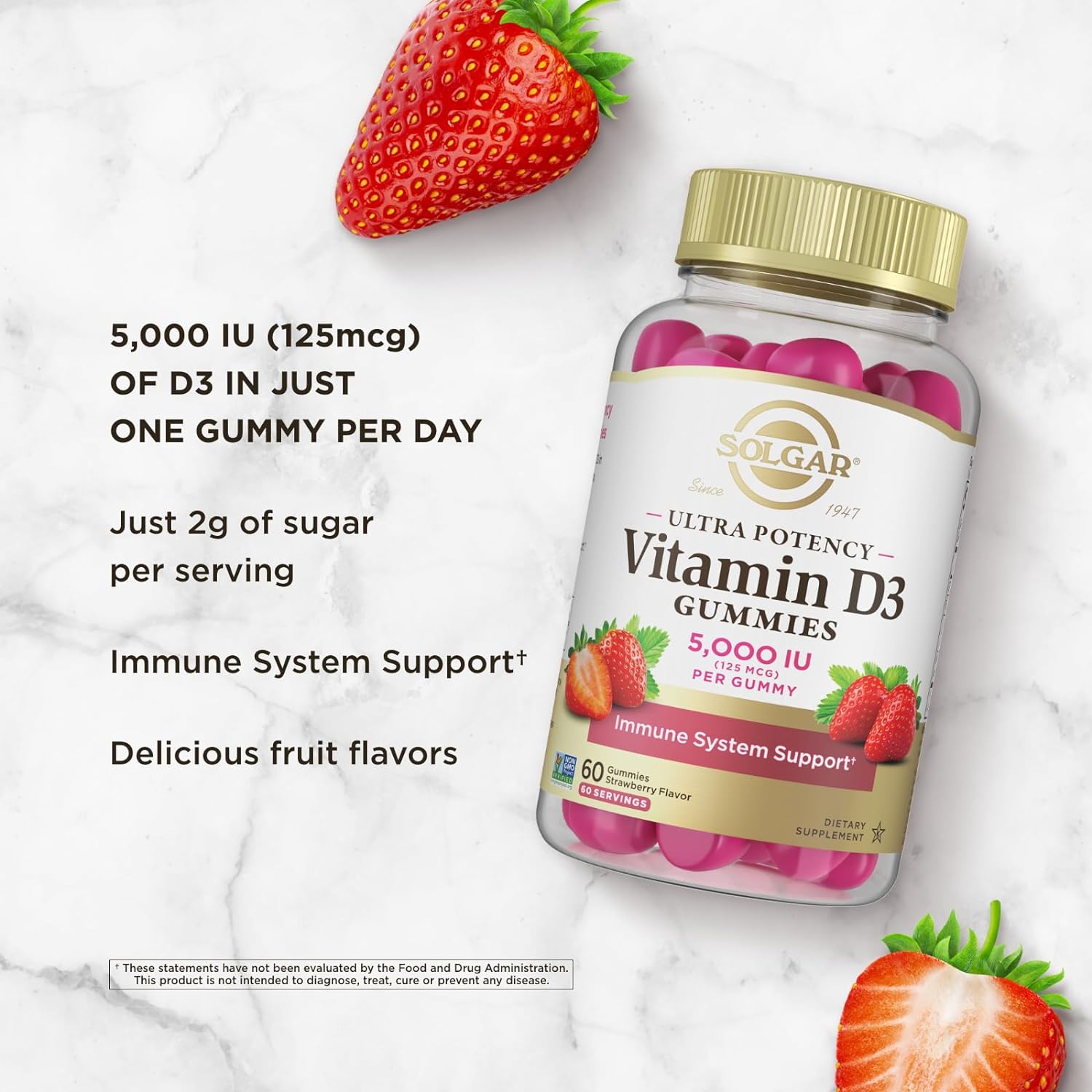 Solgar Ultra Potency Vitamin D3 Gummies 5000 IU (125 mcg)-60 gummies-Strawberry-N101 Nutrition