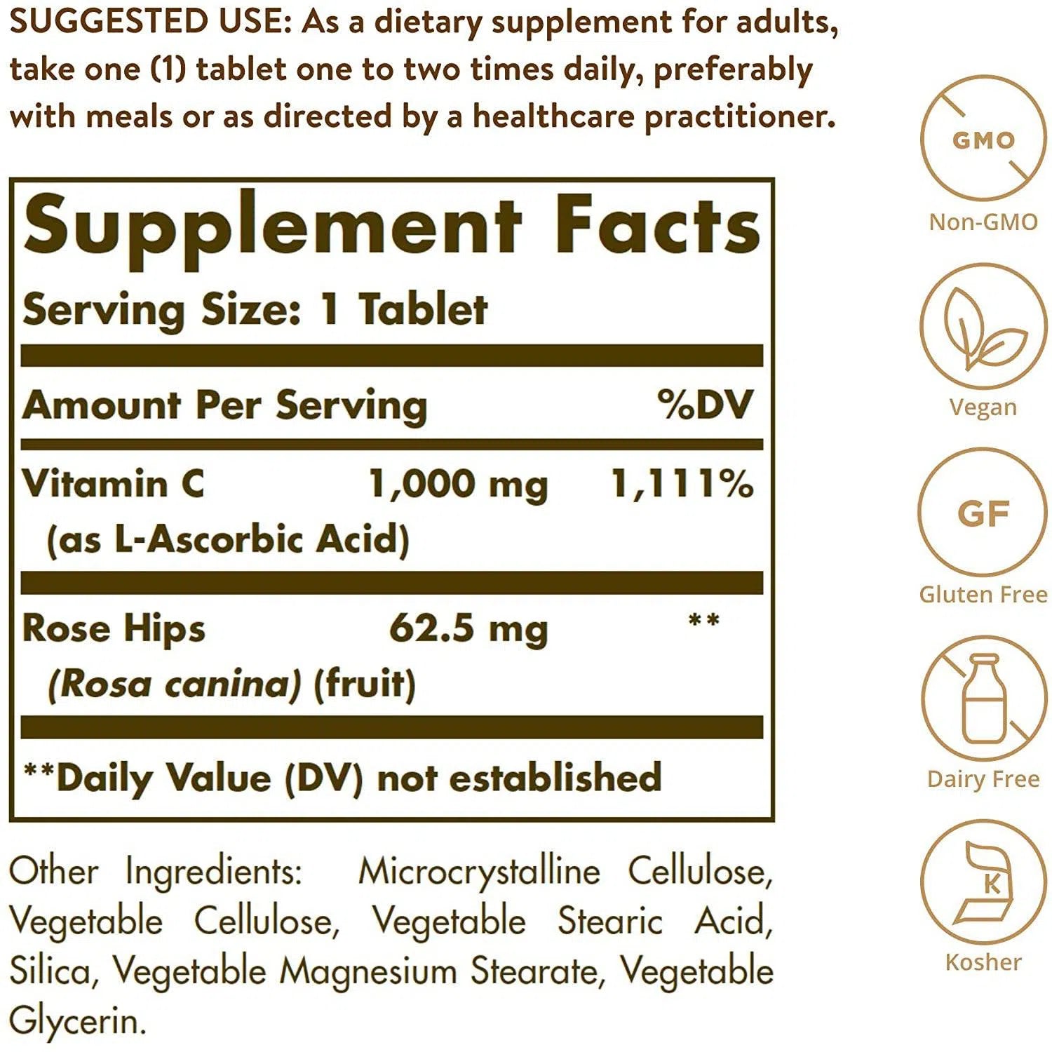 Solgar Vitamin C 1000 mg with Rose Hips-250 tablets-N101 Nutrition