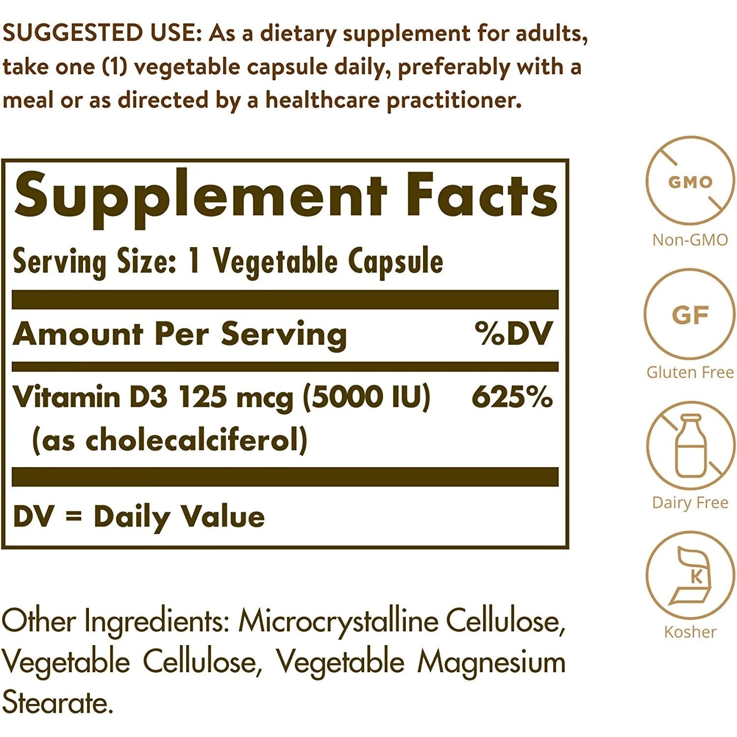 Solgar Vitamin D3 (Cholecalciferol) 125 mcg (5000 IU)-120 vegetable capsules-N101 Nutrition