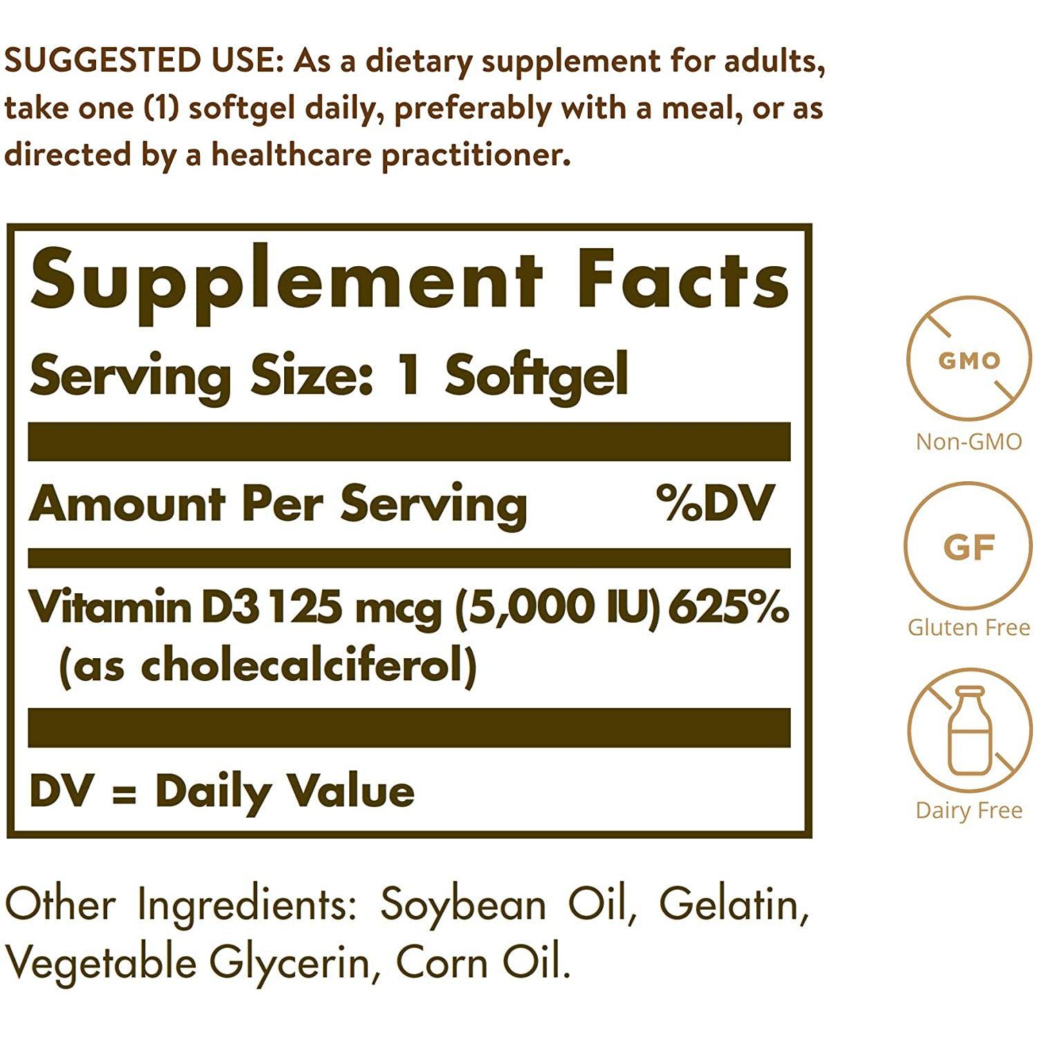 Solgar Vitamin D3 Softgels - 125 mcg (5000 IU)-100 softgels-N101 Nutrition