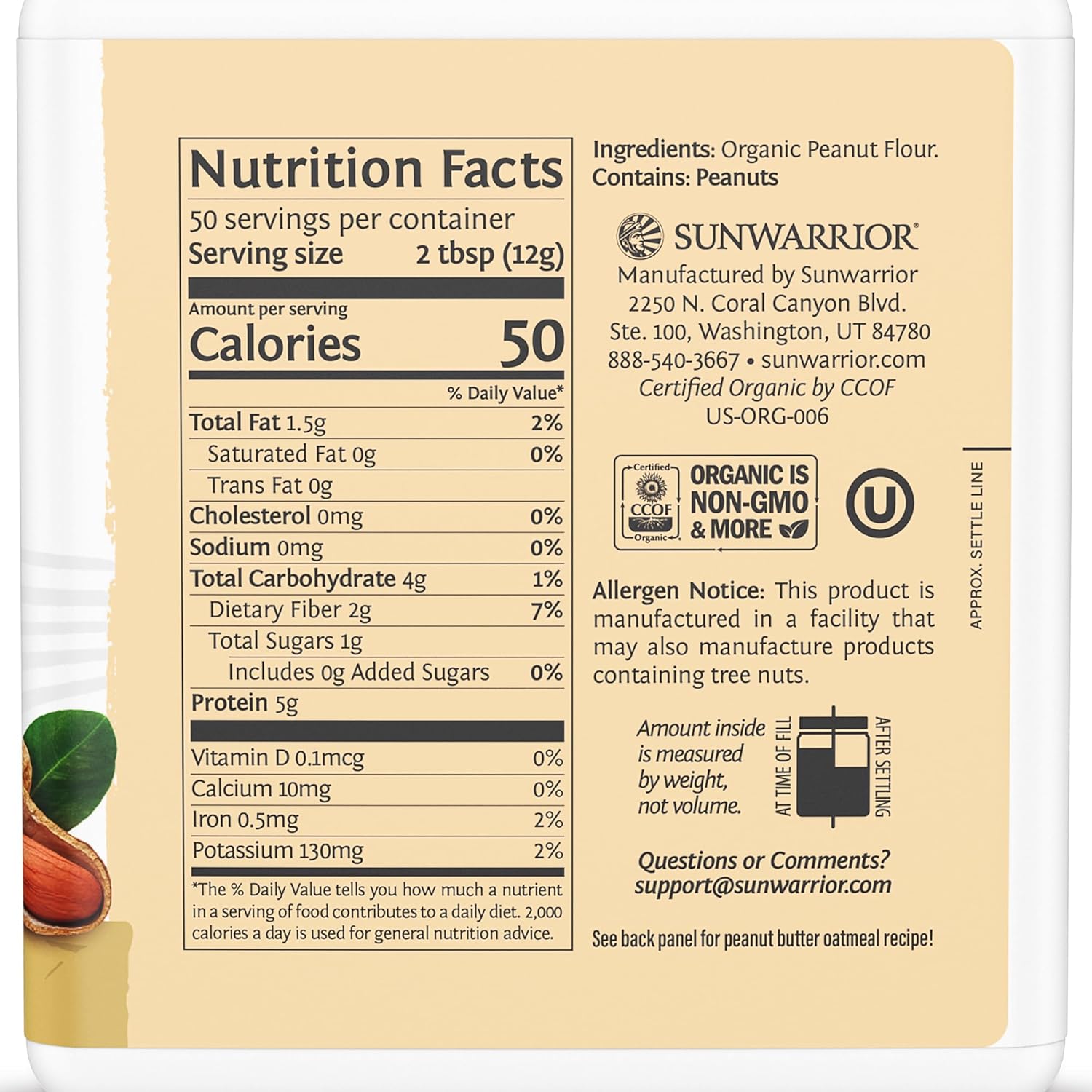 Sunwarrior Organic Peanut Butter Powder-N101 Nutrition