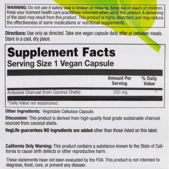 VegLife Vegan Charcoal 250 mg-60 vegan capsules-N101 Nutrition