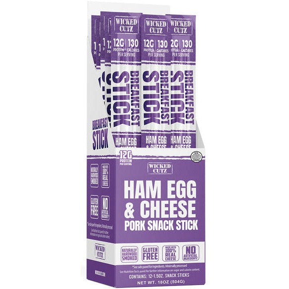 Wicked Cutz Ham Egg & Cheese Pork Snack Stick-Box (12 sticks)-N101 Nutrition