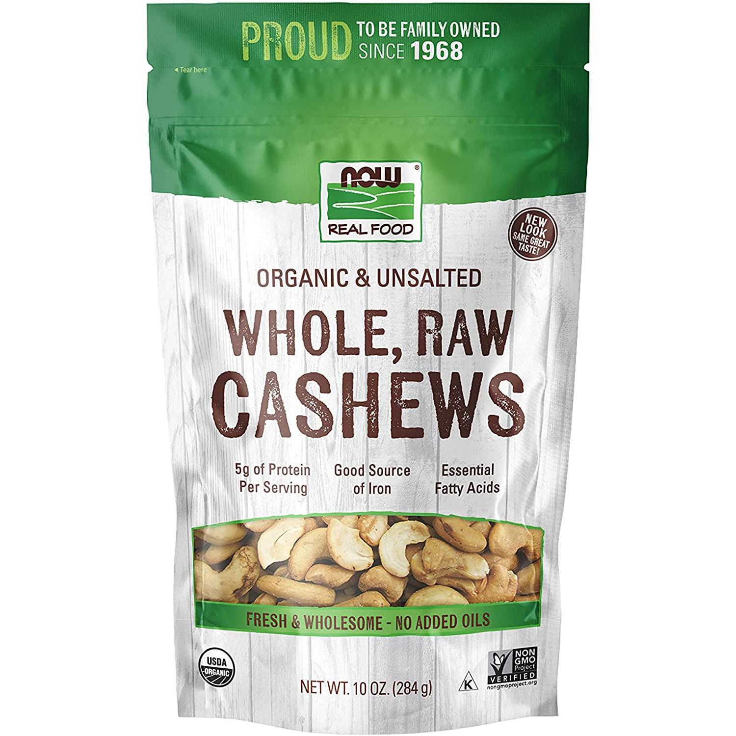NOW Real Food Organic & Unsalted Whole, Raw Cashews-10 oz (284 g)-N101 Nutrition